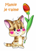 Petit chat avec un bouquet pour Mamie